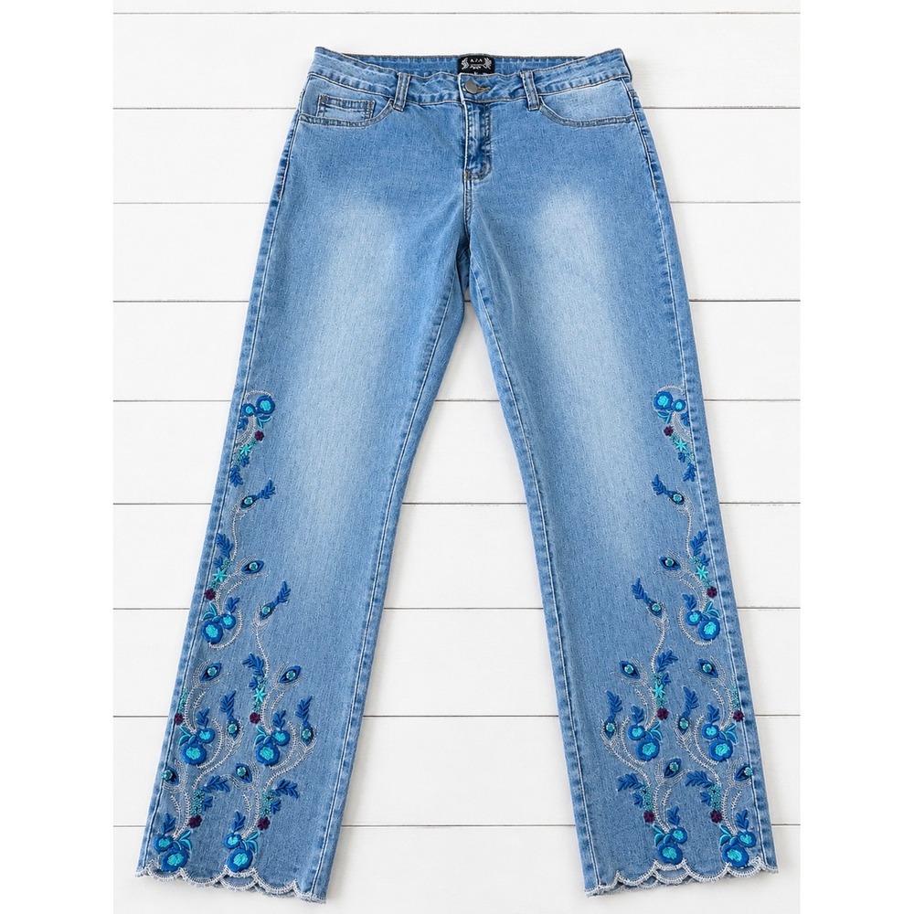 A.Z.I. New York Womens Blue Floral Embroidered Scallop Hem Straight Jeans Size 6